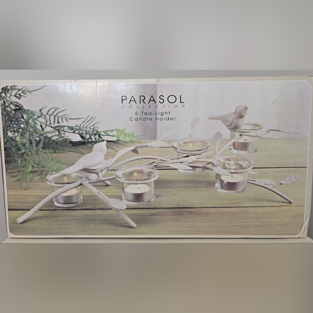 Parasol 5 Tealight Candle Holder 2 Bird On Branches in Stone Color 19"